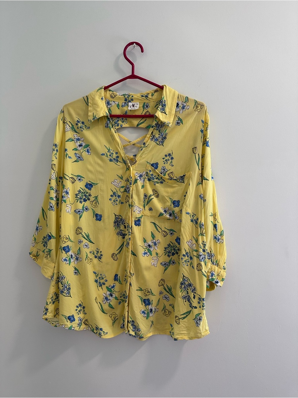 Yellow Floral Button-Down Blouse with Crisscross Neckline